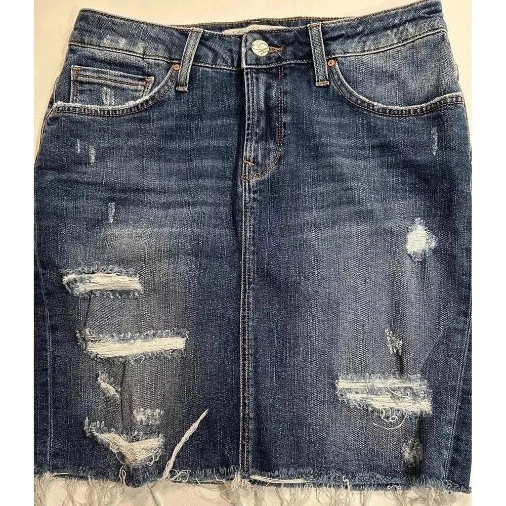 New Mavi Denim Skirt Size 8 28 Waist 17" Long A Little Stretch Raw Hem Blue